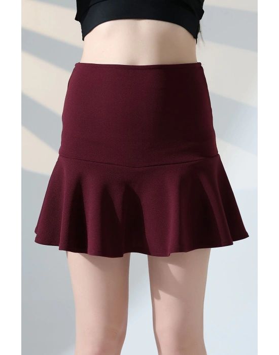 Kadın Bordo Esnek Şortlu Volanlı Pileli Viskon Kloş Şort Etek