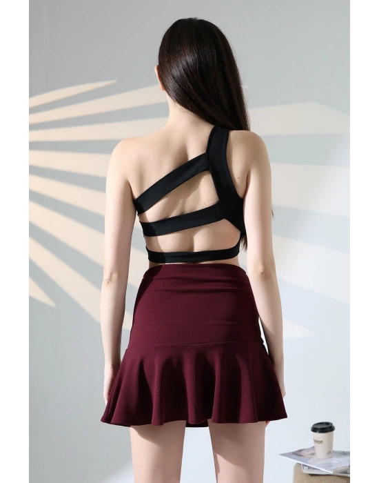 Kadın Bordo Esnek Şortlu Volanlı Pileli Viskon Kloş Şort Etek