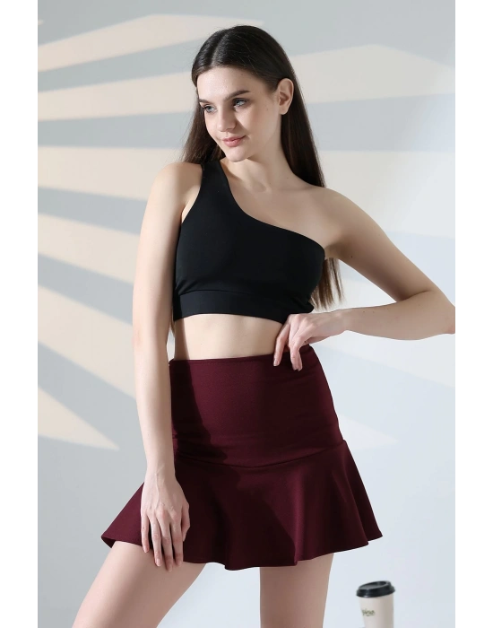 Kadın Bordo Esnek Şortlu Volanlı Pileli Viskon Kloş Şort Etek