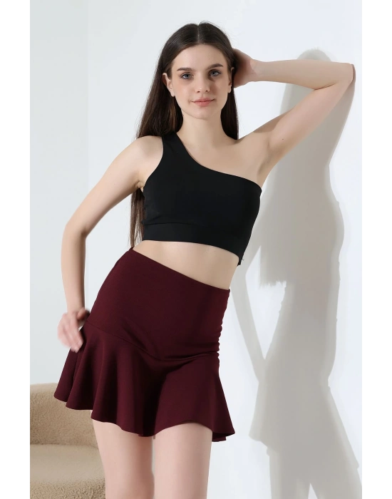 Kadın Bordo Esnek Şortlu Volanlı Pileli Viskon Kloş Şort Etek