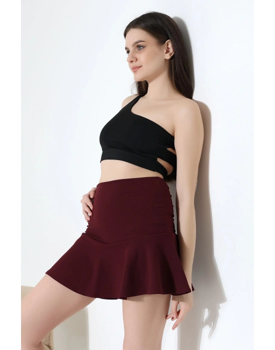 Kadın Bordo Esnek Şortlu Volanlı Pileli Viskon Kloş Şort Etek