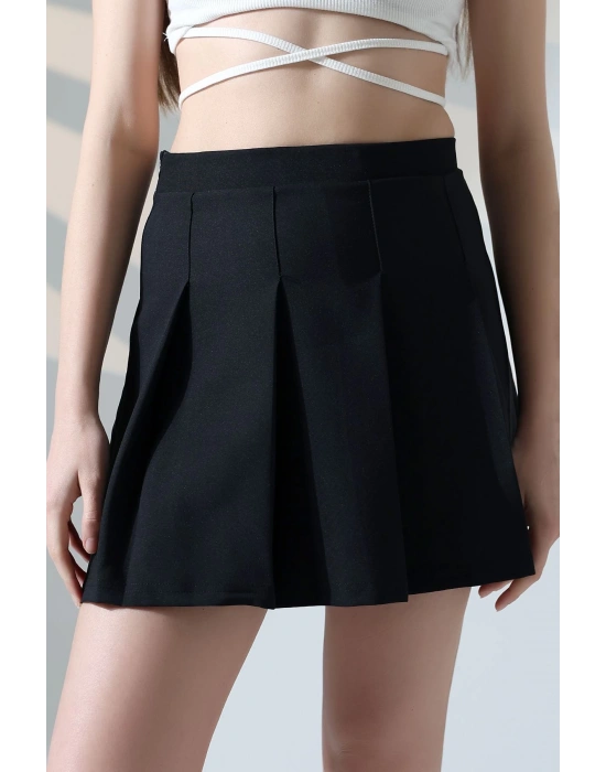 Kadın Siyah Fermuarlı Basic Düz Yüksek Bel Piliseli Mini Etek
