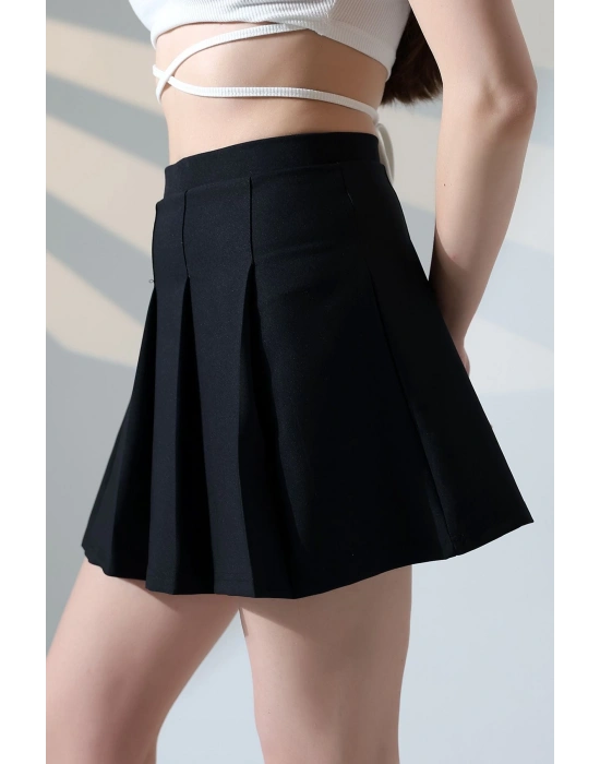 Kadın Siyah Fermuarlı Basic Düz Yüksek Bel Piliseli Mini Etek