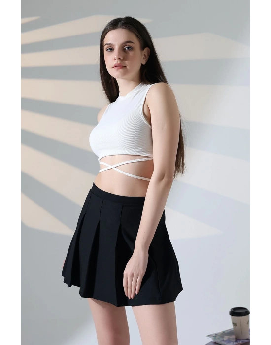 Kadın Siyah Fermuarlı Basic Düz Yüksek Bel Piliseli Mini Etek