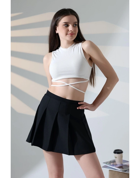 Kadın Siyah Fermuarlı Basic Düz Yüksek Bel Piliseli Mini Etek