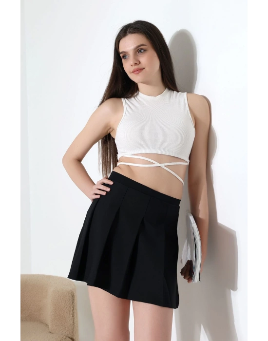 Kadın Siyah Fermuarlı Basic Düz Yüksek Bel Piliseli Mini Etek