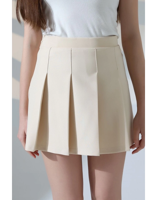 Kadın Bej Fermuarlı Basic Düz Yüksek Bel Piliseli Mini Etek