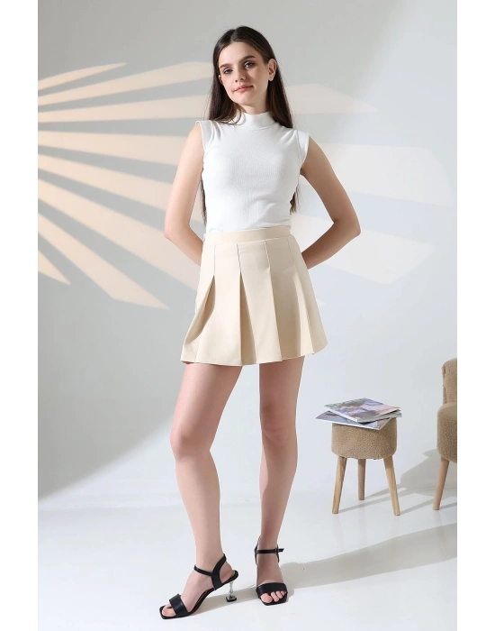 Kadın Bej Fermuarlı Basic Düz Yüksek Bel Piliseli Mini Etek