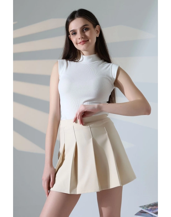 Kadın Bej Fermuarlı Basic Düz Yüksek Bel Piliseli Mini Etek