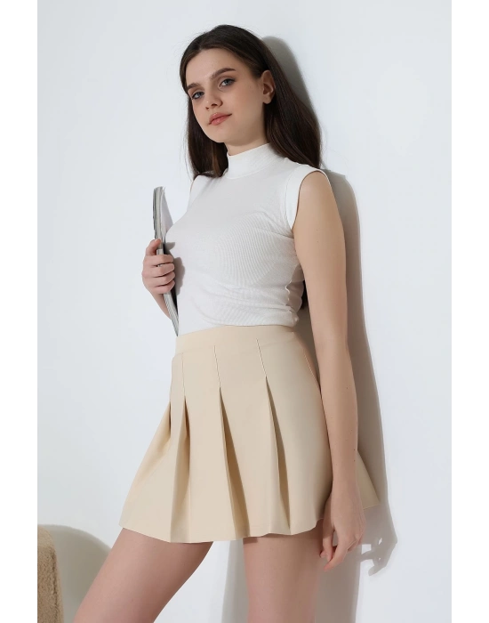 Kadın Bej Fermuarlı Basic Düz Yüksek Bel Piliseli Mini Etek