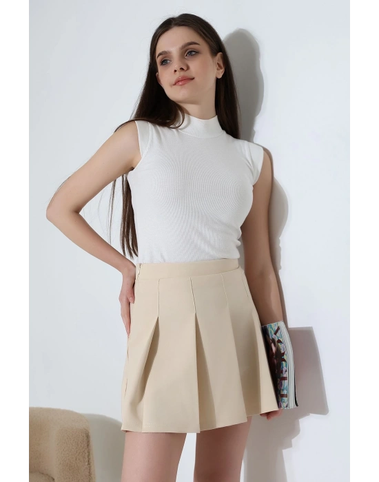 Kadın Bej Fermuarlı Basic Düz Yüksek Bel Piliseli Mini Etek