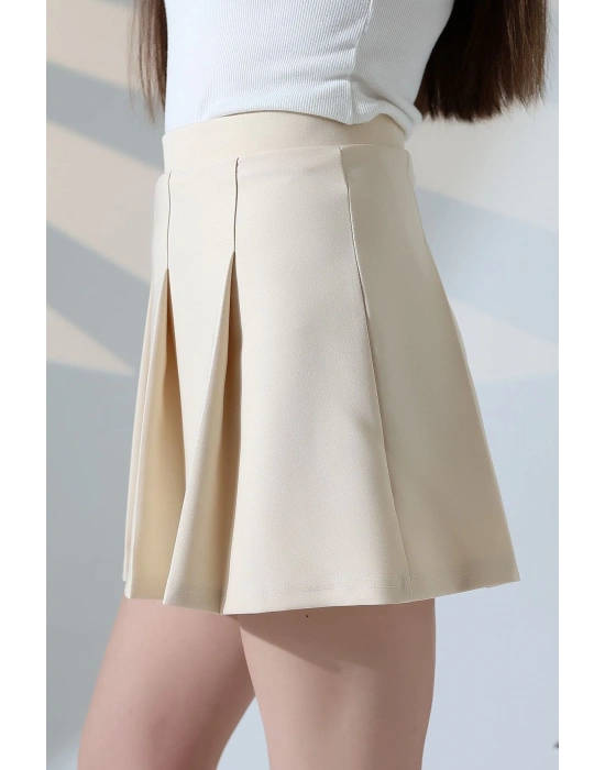 Kadın Bej Fermuarlı Basic Düz Yüksek Bel Piliseli Mini Etek