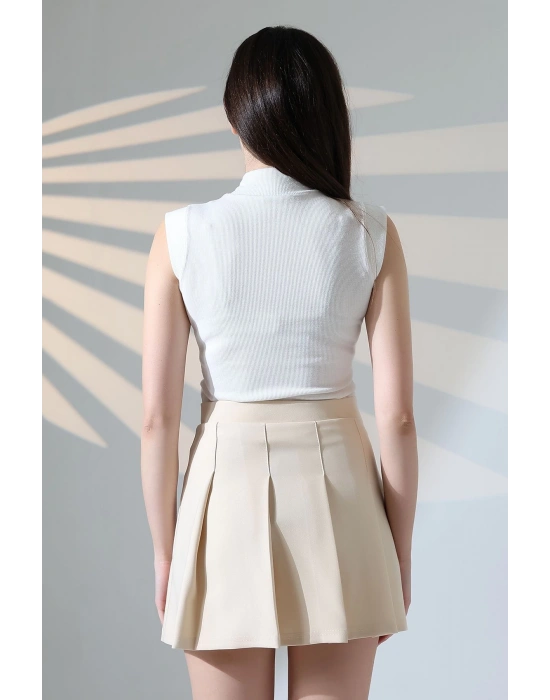 Kadın Bej Fermuarlı Basic Düz Yüksek Bel Piliseli Mini Etek
