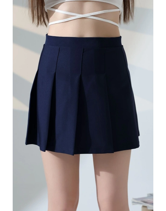Kadın Lacivert Fermuarlı Basic Düz Yüksek Bel Piliseli Mini Etek