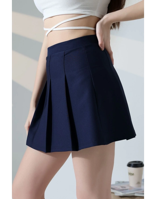 Kadın Lacivert Fermuarlı Basic Düz Yüksek Bel Piliseli Mini Etek