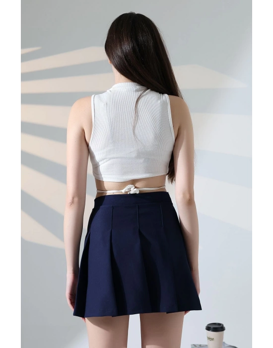 Kadın Lacivert Fermuarlı Basic Düz Yüksek Bel Piliseli Mini Etek