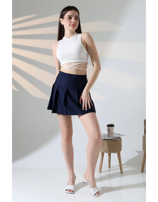 Kadın Lacivert Fermuarlı Basic Düz Yüksek Bel Piliseli Mini Etek