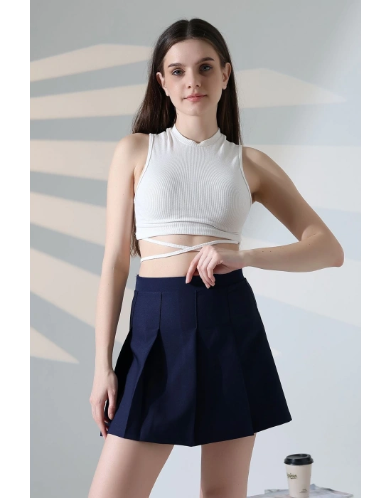 Kadın Lacivert Fermuarlı Basic Düz Yüksek Bel Piliseli Mini Etek