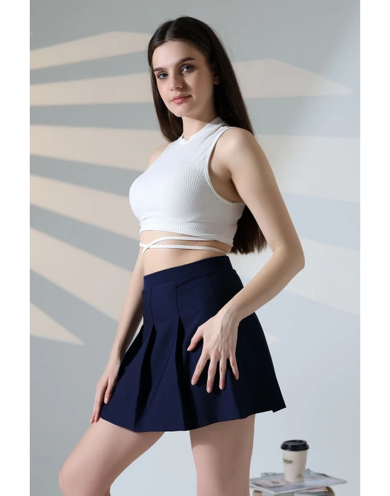 Kadın Lacivert Fermuarlı Basic Düz Yüksek Bel Piliseli Mini Etek