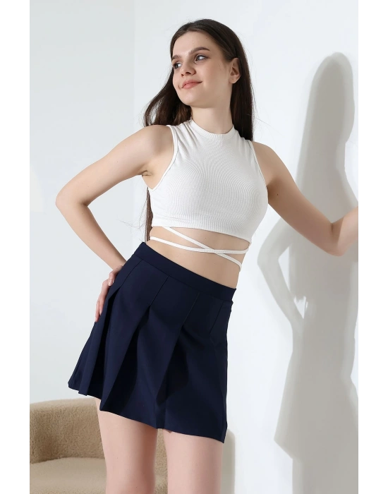 Kadın Lacivert Fermuarlı Basic Düz Yüksek Bel Piliseli Mini Etek