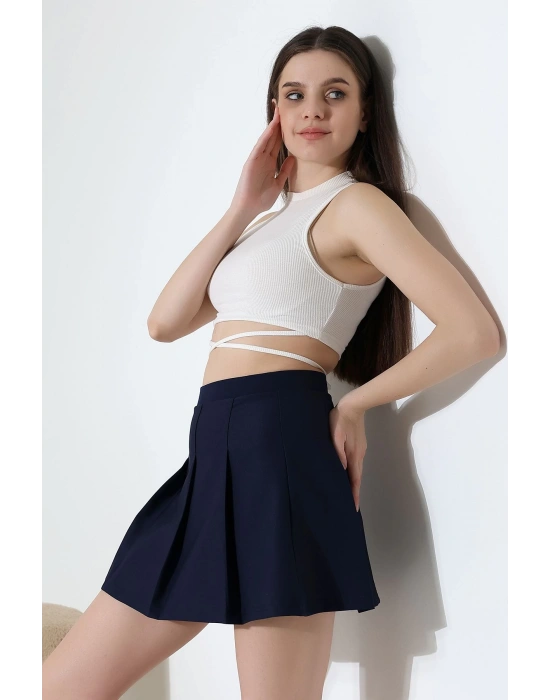 Kadın Lacivert Fermuarlı Basic Düz Yüksek Bel Piliseli Mini Etek