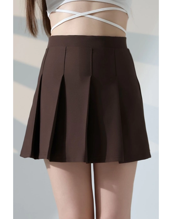 Kadın Kahverengi Fermuarlı Basic Düz Yüksek Bel Piliseli Mini Etek