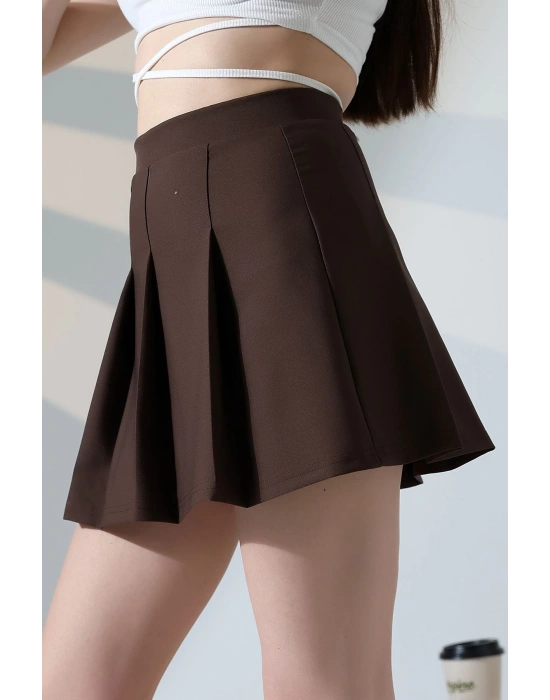 Kadın Kahverengi Fermuarlı Basic Düz Yüksek Bel Piliseli Mini Etek