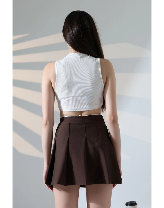 Kadın Kahverengi Fermuarlı Basic Düz Yüksek Bel Piliseli Mini Etek