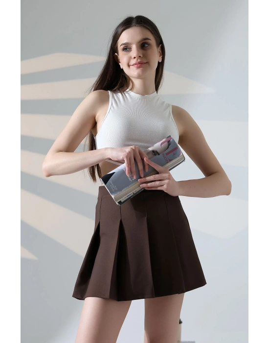 Kadın Kahverengi Fermuarlı Basic Düz Yüksek Bel Piliseli Mini Etek