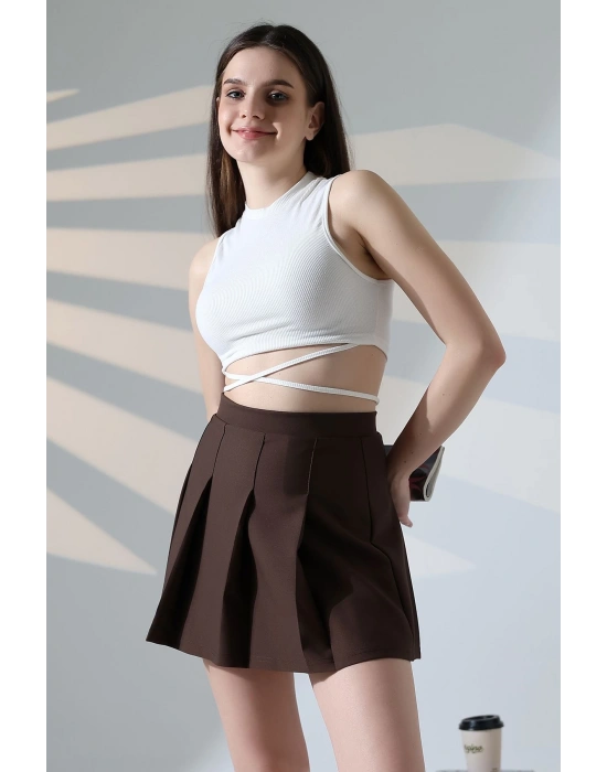 Kadın Kahverengi Fermuarlı Basic Düz Yüksek Bel Piliseli Mini Etek