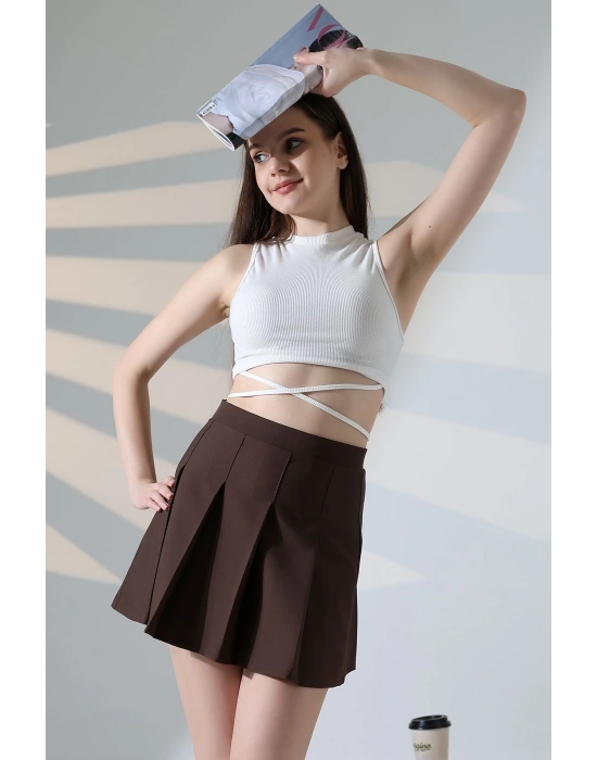 Kadın Kahverengi Fermuarlı Basic Düz Yüksek Bel Piliseli Mini Etek