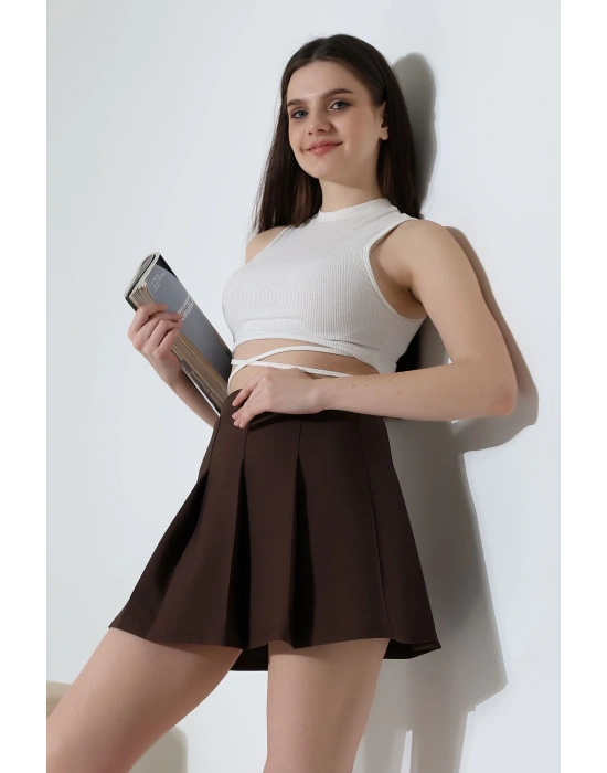 Kadın Kahverengi Fermuarlı Basic Düz Yüksek Bel Piliseli Mini Etek
