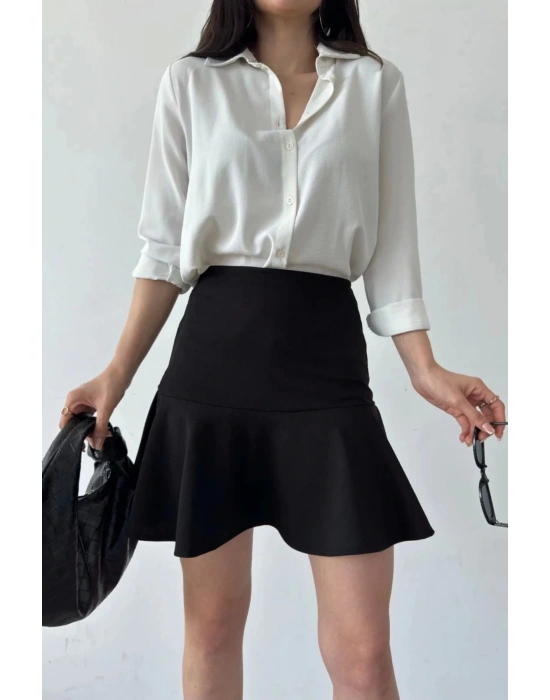 Kadın Siyah Esnek Şortlu Volanlı Pileli Viskon Kloş Şort Etek