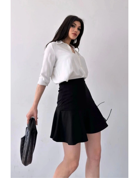 Kadın Siyah Esnek Şortlu Volanlı Pileli Viskon Kloş Şort Etek