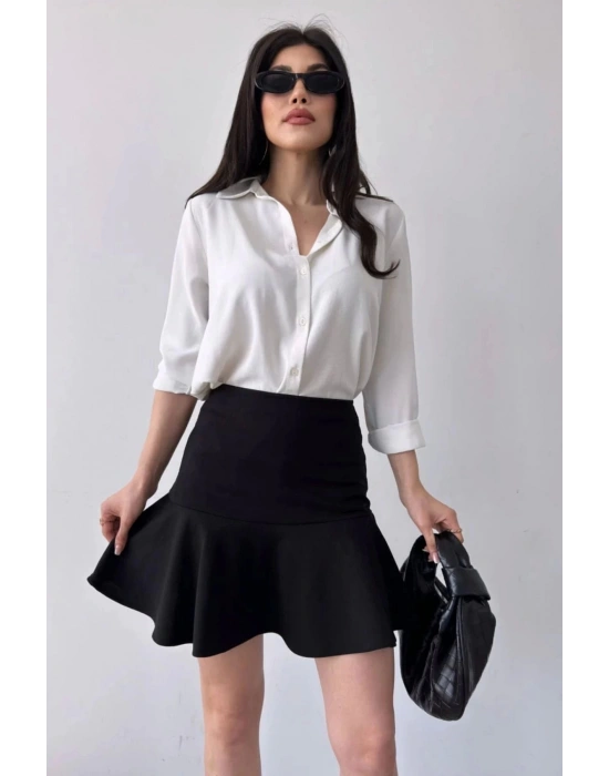 Kadın Siyah Esnek Şortlu Volanlı Pileli Viskon Kloş Şort Etek