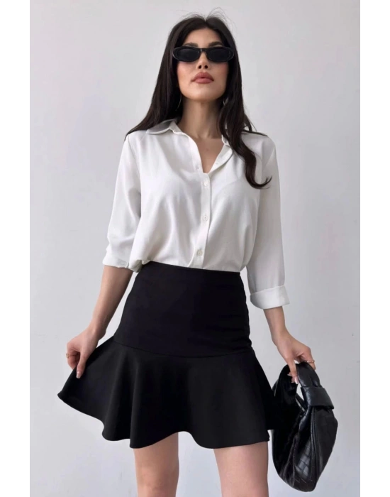 Kadın Siyah Esnek Şortlu Volanlı Pileli Viskon Kloş Şort Etek