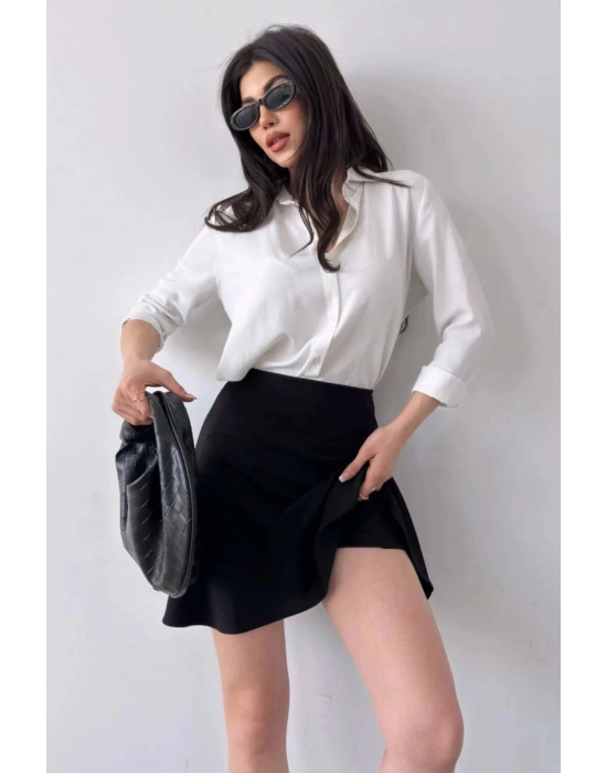 Kadın Siyah Esnek Şortlu Volanlı Pileli Viskon Kloş Şort Etek