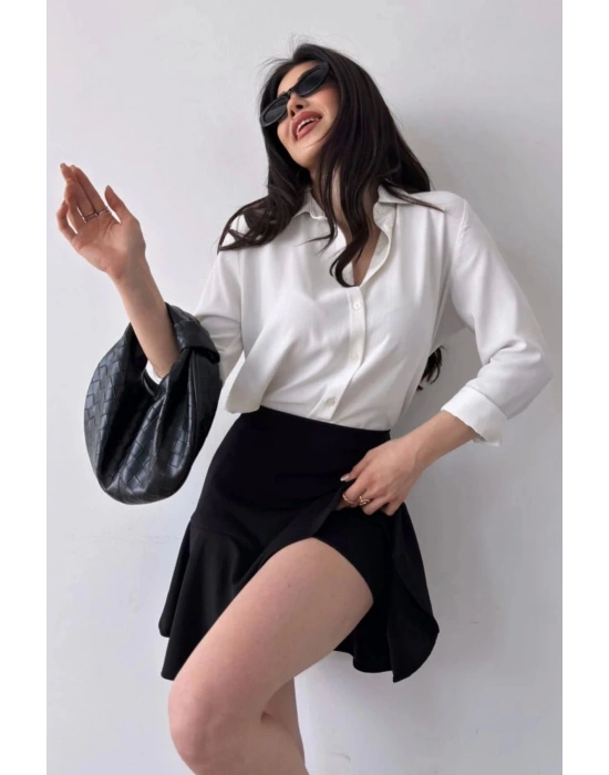 Kadın Siyah Esnek Şortlu Volanlı Pileli Viskon Kloş Şort Etek