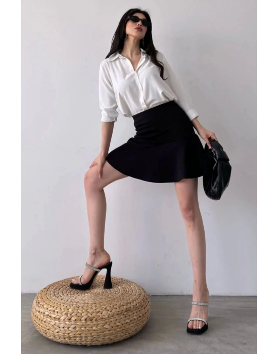 Kadın Siyah Esnek Şortlu Volanlı Pileli Viskon Kloş Şort Etek