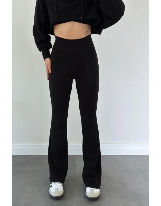 Kadın Siyah Yüksek Bel Penye İspanyol Paça Tayt