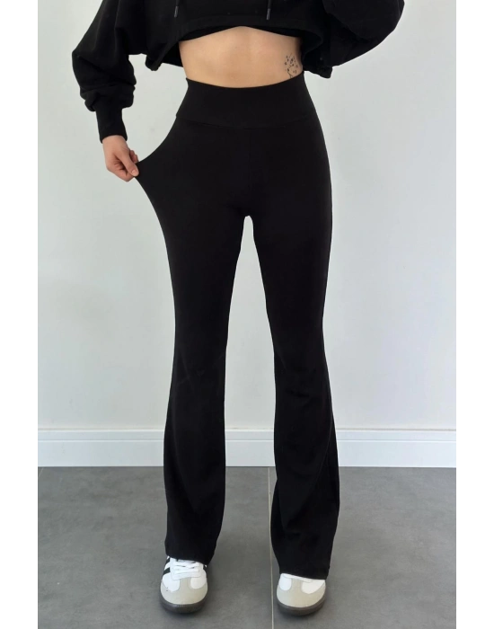 Kadın Siyah Yüksek Bel Penye İspanyol Paça Tayt