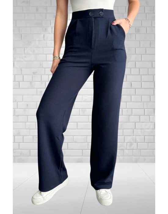 Kadın Lacivert Yüksek Bel Krep Kumaş Likralı Rahat Kesim Çift Düğmeli Palazzo Pantolon
