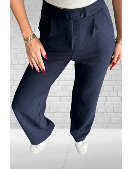 Kadın Lacivert Yüksek Bel Krep Kumaş Likralı Rahat Kesim Çift Düğmeli Palazzo Pantolon