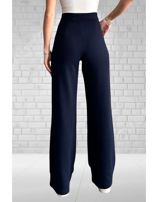 Kadın Lacivert Yüksek Bel Krep Kumaş Likralı Rahat Kesim Çift Düğmeli Palazzo Pantolon