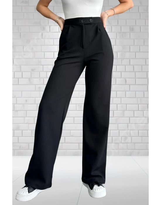 Kadın Siyah Yüksek Bel Krep Kumaş Likralı Rahat Kesim Çift Düğmeli Palazzo Pantolon