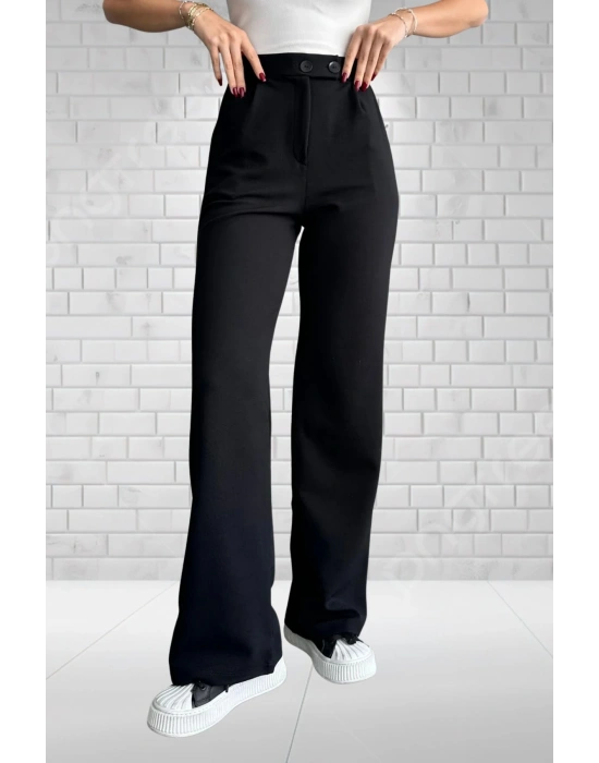 Kadın Siyah Yüksek Bel Krep Kumaş Likralı Rahat Kesim Çift Düğmeli Palazzo Pantolon