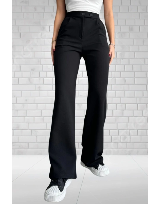 Kadın Siyah Yüksek Bel Krep Kumaş Likralı Rahat Kesim Çift Düğmeli Palazzo Pantolon