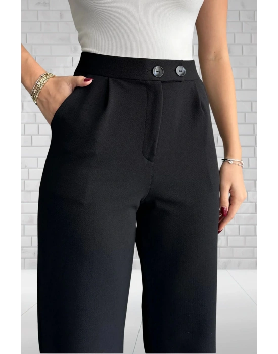 Kadın Siyah Yüksek Bel Krep Kumaş Likralı Rahat Kesim Çift Düğmeli Palazzo Pantolon