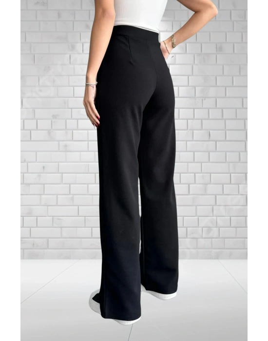 Kadın Siyah Yüksek Bel Krep Kumaş Likralı Rahat Kesim Çift Düğmeli Palazzo Pantolon
