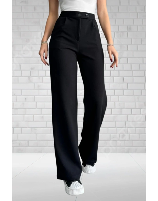 Kadın Siyah Yüksek Bel Krep Kumaş Likralı Rahat Kesim Çift Düğmeli Palazzo Pantolon